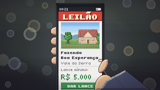 A phone showing an auction for Boa Esperança farm, minimum bid R$ 5,000