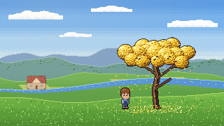 The farmer beside a yellow ipê tree in full bloom by the river