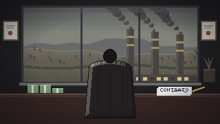 An executive office overlooking factory chimneys, a contract on the desk