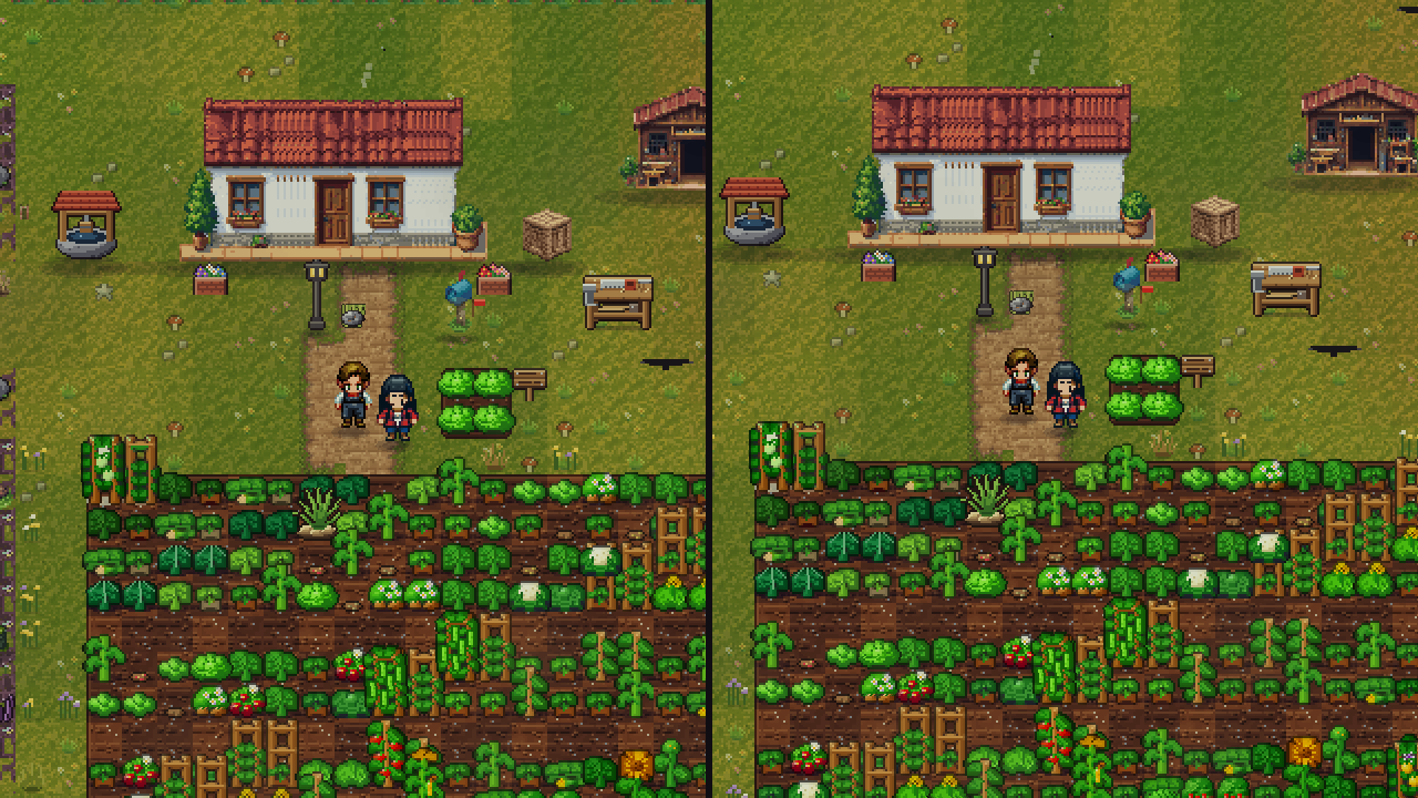 Two players on a split screen in front of the farmhouse